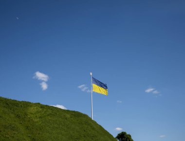 Tepenin üzerinde Ukrayna bayrağı olan manzara