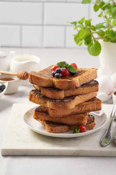Several Pieces French Toast White Wheat Bread Soaked Egg Milk — Stock Photo, Image