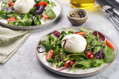 Plates with arugula and spinach salad with fresh cherry tomatoes and italian fresh cheese burrata with balsamic vinegar dressing on a light grey concrete background