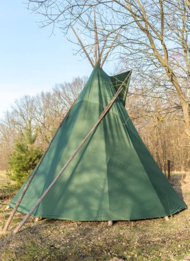 Baharın başında bahçeye kurulmuş yeşil çadır, geleneksel Hint konutu.