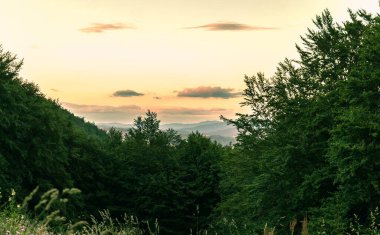 Günbatımında gökyüzü manzarası Karpatlar 'da, yaz manzarası