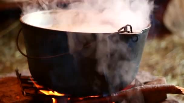 在明火上的大锅里做饭 — 图库视频影像