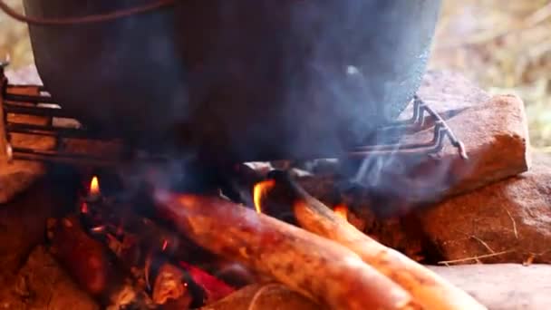 Memasak Dalam Kuali Atas Api Terbuka — Stok Video