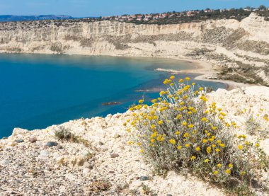 Güney Kıbrıs sahilinde güzel bir sahil, parlak mavi bir göl, Zapallo ba