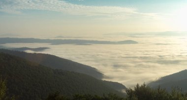 Şafak vakti Borzhava Vadisi, Karpatlar 'da sis.