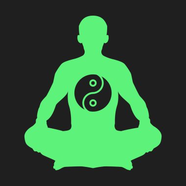 Nilüfer çiçeğiyle meditasyon yapan bir adamın silüeti siyah arka planda poz verir. vektör illüstrasyonu.