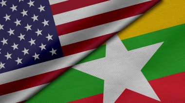 Amerika Birleşik Devletleri ve Myanmar 'dan gelen iki bayrağın kumaş dokusu, ikili ilişkiler, barış ve ülkeler arasındaki çatışmanın 3 boyutlu şekilde yorumlanması, arka plan için harika