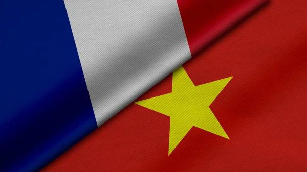 Fransa Cumhuriyeti ve Vietnam Sosyalist Cumhuriyeti 'nden gelen iki bayrağın kumaş dokusu, ikili ilişkiler, barış ve ülkeler arasındaki çatışma ile birlikte üç boyutlu olarak yorumlanması, arka plan için harika bir şey.