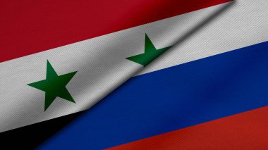 Suriye Arap Cumhuriyeti ve Rusya Federasyonu 'ndan gelen iki bayrağın kumaş dokusu, ikili ilişkiler, barış ve ülkeler arasındaki çatışmanın 3 boyutlu şekilde yorumlanması, arka plan açısından harika