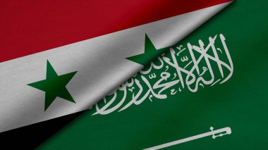Suriye Arap Cumhuriyeti ve İslami Suudi Arabistan 'dan gelen iki bayrağın kumaş dokusu, ikili ilişkiler, ülkeler arasındaki barış ve ihtilafın 3 boyutlu şekilde yorumlanması, arka plan açısından harika