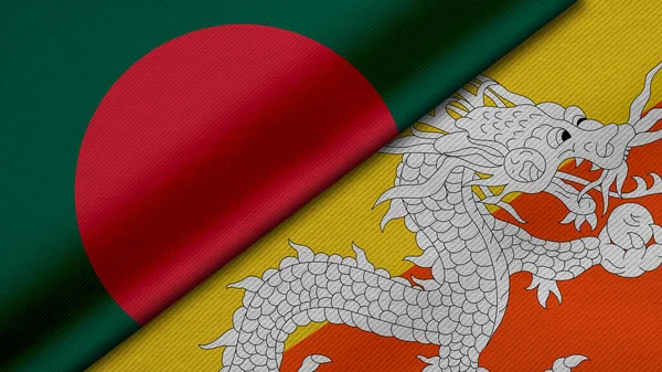 孟加拉国共和国和不丹王国两面国旗的3D绘制 连同面料 双边关系 和平与国家间冲突 对背景很有帮助 — 图库照片