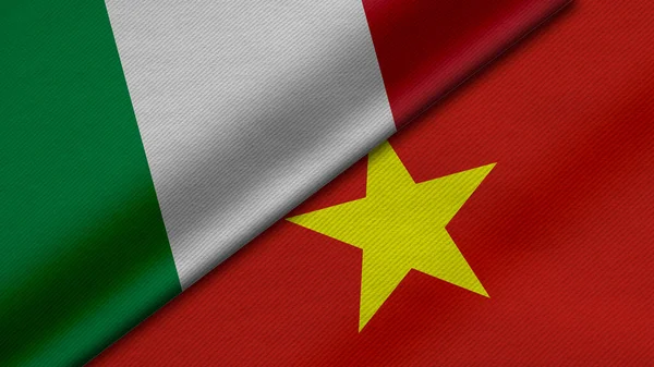 3D Rendering of two flags from Italian Republic and Socialist Republic of Vietnam together with fabric texture, bilateral relations, peace and conflict between countries, great for background