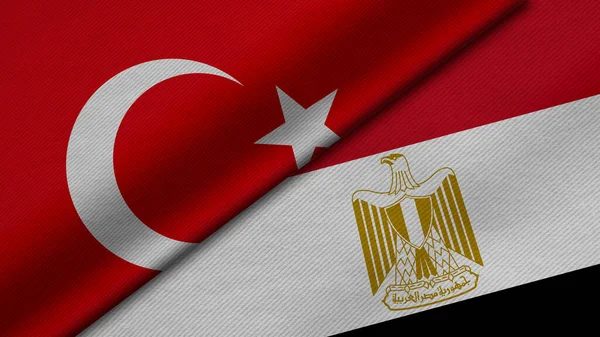 Türkiye Cumhuriyeti ve Mısır Arap Cumhuriyeti 'nden gelen iki bayrağın kumaş dokusu, ikili ilişkiler, barış ve ülkeler arasındaki çatışmanın 3 boyutlu şekilde yorumlanması, arka plan açısından harika