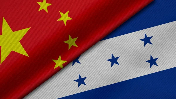 Рендеринг Двух Флагов Китая Гондураса Вместе Текстурой Ткани Двусторонними Отношениями — стоковое фото
