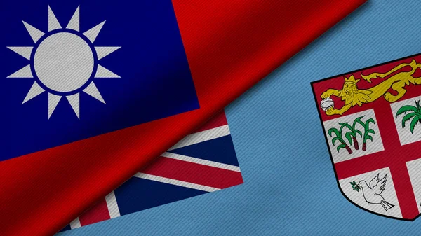 Rendering Two Flags Taiwan Republic Fiji Together Fabric Texture Bilateral — Stock Photo, Image