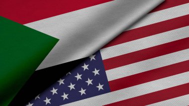 Sudan Cumhuriyeti ve Amerika Birleşik Devletleri 'nin iki bayraklarının kumaş dokusu, ikili ilişkiler, ülkeler arası barış ve çatışma ile birlikte 3D olarak yorumlanması, arka plan için harika bir şey.