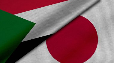 Sudan Cumhuriyeti ve Japonya 'nın iki bayraklarının kumaş dokusu, ikili ilişkiler, ülkeler arasındaki barış ve ihtilaf ile birlikte 3D olarak yorumlanması, arka plan için harika