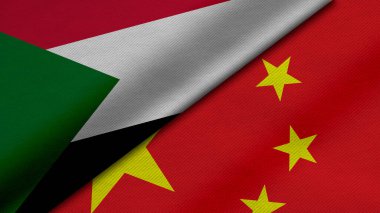 Sudan ve Çin Cumhuriyeti 'nin iki bayraklarının kumaş dokusu, ikili ilişkiler, ülkeler arası barış ve ihtilaf ile birlikte 3D olarak yorumlanması, arka plan için harika