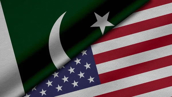 Pakistan ve Amerika İslam Cumhuriyeti 'nin iki bayrağının kumaş dokusu, ikili ilişkiler, ülkeler arasındaki barış ve ihtilaf ile birlikte 3D olarak yorumlanması, arka plan için harika