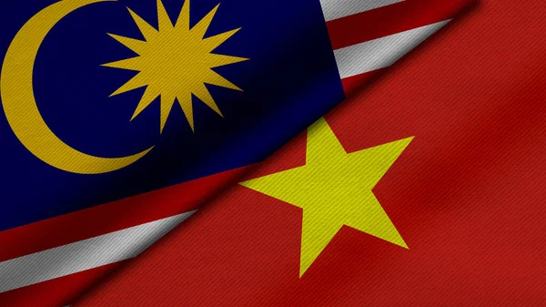 Malezya ve Vietnam Cumhuriyeti 'nin iki bayraklarının kumaş dokusu, ikili ilişkiler, ülkeler arasındaki barış ve ihtilaf ile birleştirilmesi, arka plan için harika