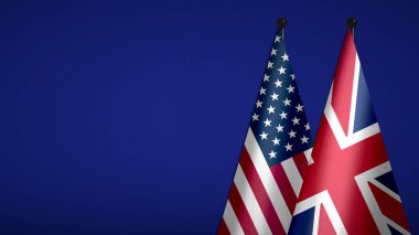 Diplomatik amaçlar, ikili ilişkiler, ülkeler arası barış ve çatışma, kumaş dokusu, yakın çekim için mavi arka plana sahip Birleşik Krallık ve Amerika Birleşik Devletleri bayraklarının üç boyutlu yorumlanması