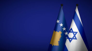 Diplomatik arka planda mavi bayrak taşıyan bayrak direkleri üzerinde Kosova ve İsrail 'den gelen iki bayrağın 3D yorumlanması. İkili ilişkiler. Ülkeler arasında barış ve çatışma. Kumaş