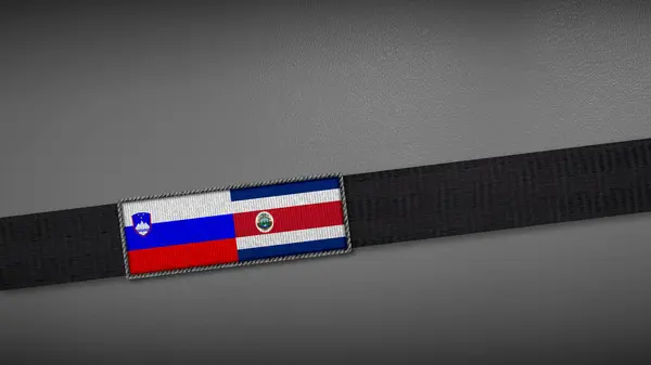 Slovenya ve Kosta Rika 'dan gelen üç boyutlu bayrağın koyu renkli bir bantta yorumlanması, siyasi ilişkileri, diplomasiyi veya ihtilafı simgeliyor. Odaklanma, ciddiyet ve resmiyet için basit, temiz gri arkaplan