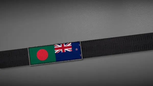 Bangladeş ve Yeni Zelanda 'dan gelen iki bayrağın, siyasi ilişkileri, diplomasiyi ya da çatışmayı sembolize eden karanlık bir bantta üç boyutlu şekilde yorumlanması. Odaklanma, ciddiyet ve resmiyet için basit, temiz gri arkaplan