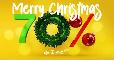 Noel indirimi% 70 indirimli, Noel indirimi. Mağaza için reklam afişi. Yüzde 70 'e varan indirimler., 3D illüstrasyon ve 3D çalışma