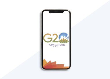 G20 Hindistan bayrağı, G20 'nin 20 üyesi, G20 2023 afişi Mobil Ekran' da gösterilen renkler, Akıllı Telefon ekranı.