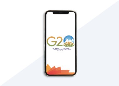 G20 India banner, Twenty members of the G20, banner G20 2023 colors Showing on Mobiles Screen, Smartphone screen displaying. clipart