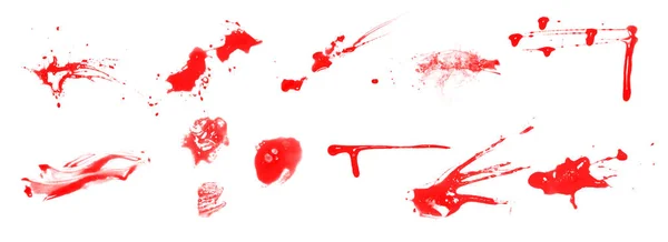 现实的血在白色背景下被隔离 滴血和飞溅的10件藏品 — 图库照片