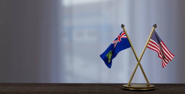 Britanya Virjin Adaları ve ABD bayrakları masada. Britanya Virjin Adaları ve Amerika Birleşik Devletleri arasında müzakere. Küçük bulanık bir arkaplanda. 3B çalışma ve 3B resim