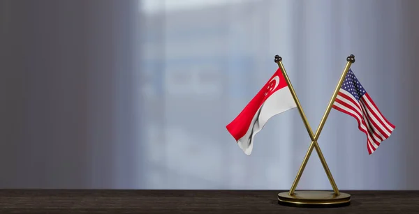 Bandeiras Singapura Eua Mesa Negociação Entre Singapura Estados Unidos Pouco — Fotografia de Stock