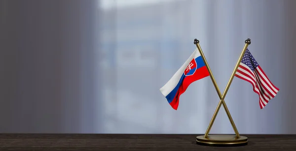 Slowakije Vlaggen Tafel Onderhandelingen Tussen Slowakije Verenigde Staten Kleine Wazige — Stockfoto