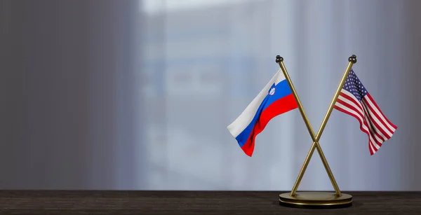 Slovenië Verenigde Staten Vlaggen Tafel Onderhandelingen Tussen Slovenië Verenigde Staten — Stockfoto