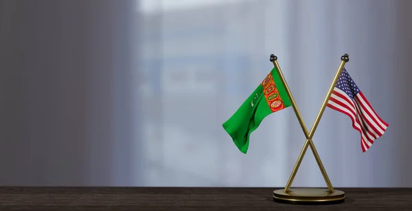 Banderas Turkmenistán Estados Unidos Sobre Mesa Negociación Entre Turkmenistán Estados — Foto de Stock
