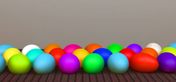 Happy Easter banner. Easter eggs with a colorful eggs. Copy the place for the text. 3D work and 3D illustration