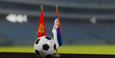 UEFA 2024 Futbol Karadağ, Sırbistan Avrupa Şampiyonası elemeleri Karadağ ve Sırbistan 'a karşı futbol topuyla karşı karşıya. 3D işe yarar. Erivan, Ermenistan - 24 Mart 2023.