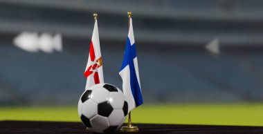 UEFA 2024 Kuzey İrlanda, Finlandiya Avrupa Şampiyonası 'na karşı Kuzey İrlanda ve Finlandiya futbol topuyla karşı karşıya. 3D işe yarar. Erivan, Ermenistan - 24 Mart 2023.