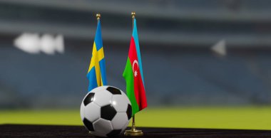 UEFA 2024 Futbol İsveç, Azerbaijan Avrupa Şampiyonası İsveç ve Azerbaijan 'a karşı futbol topuyla karşı karşıya. 3D işe yarar. Erivan, Ermenistan - 24 Mart 2023.