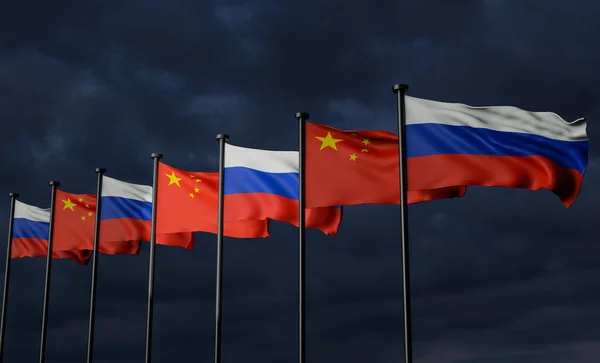 Флаги России Китая Флаг России Китая Темным Небом Облаками Фон — стоковое фото
