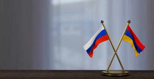 stock image Russia and Armenia flags on table. Negotiation between Armenia and Russia. on little blur background. 3D work and 3D image