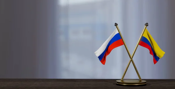 stock image Russia and Colombia flags on table. Negotiation between Colombia and Russia. on little blur background. 3D work and 3D image