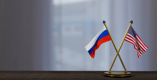 Bandeiras Rússia Dos Estados Unidos Mesa Negociação Entre Estados Unidos — Fotografia de Stock
