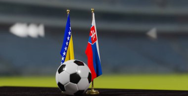 UEFA EURO 2024 Futbol Bosna-Hersek, Slovakya Avrupa Şampiyonası elemelerine karşı Bosna-Hersek ve Slovakya 'yı futbol topuyla yendi. 3D çalışma.