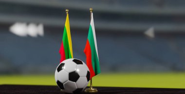 UEFA EURO 2024 Futbol Litvanyası Bulgaristan 'a karşı Avrupa Şampiyonası elemeleri Litvanya ve Bulgaristan' a karşı futbol topuyla karşı karşıya. 3D çalışma.
