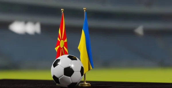 Uefa Euro 2024サッカー北マケドニア対ウクライナ欧州選手権予選北マケドニアとウクライナサッカーボールと 立体作品 — ストック写真