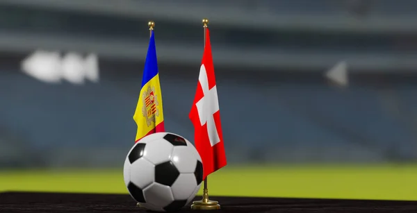 Uefa Euro 2024サッカーアンドラ対スイス欧州選手権予選アンドラとサッカーボールでスイス 立体作品 — ストック写真