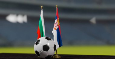 UEFA EURO 2024 Futbol Bulgaristan 'a karşı Sırbistan Avrupa Şampiyonası elemeleri, Bulgaristan ve Sırbistan' a karşı futbol topu. 3D çalışma. 